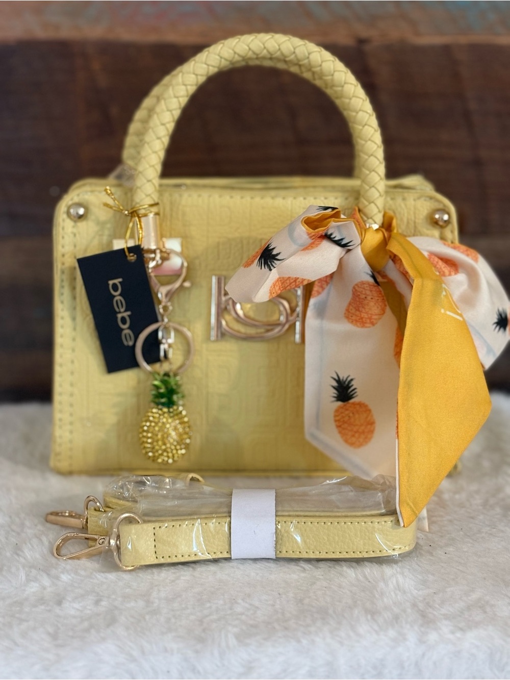 bebe Lemon Yellow Embossed Top-Handle Satchel with Pineapple Charm - Picture 5 of 7
